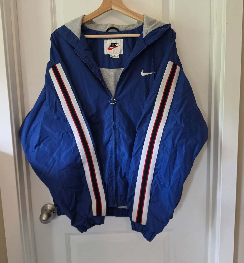 Nike Vintage 90s Windbreaker Jacket L Blue Swoosh Hooded Striped Streetwear